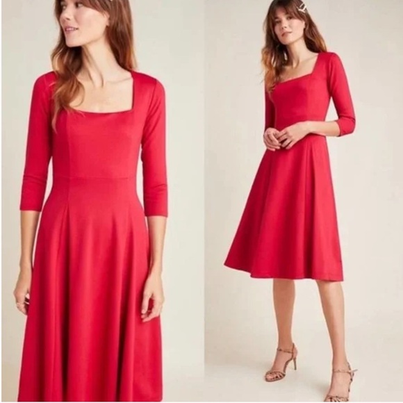 Anthropologie Maeve Square Neck Red Jocelyn Midi Holiday Party Dress - Picture 1 of 8